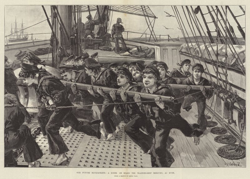 Onze Toekomstige Matrozen, een Scène aan Boord van het Opleidingsschip Mercury, in Ryde door William Heysham Overend