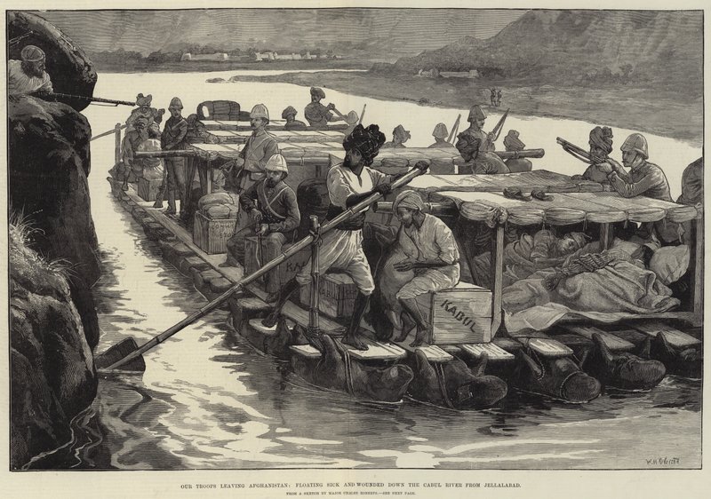 Onze Troepen verlaten Afghanistan, drijvende zieken en gewonden over de Cabul Rivier vanaf Jellalabad door William Heysham Overend