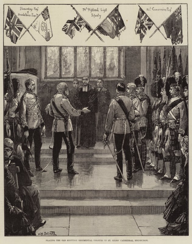 Het plaatsen van de oude Schotse regimentkleuren in de St Giles