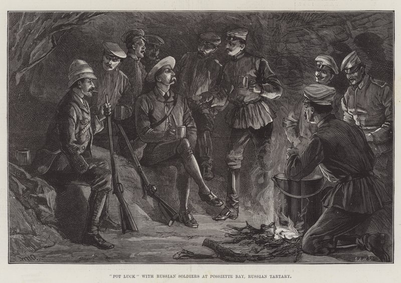 Pot Luck met Russische Soldaten in Possiette Bay, Russisch Tartarye door William Heysham Overend