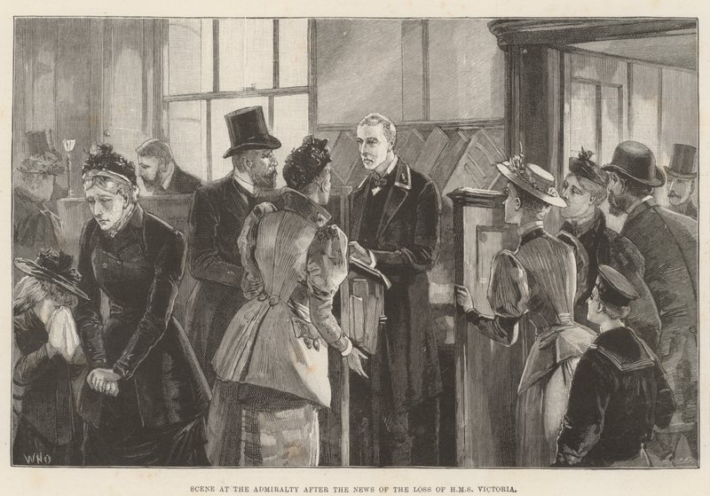 Scène bij de Admiraliteit na het Nieuws van het Verlies van HMS Victoria door William Heysham Overend