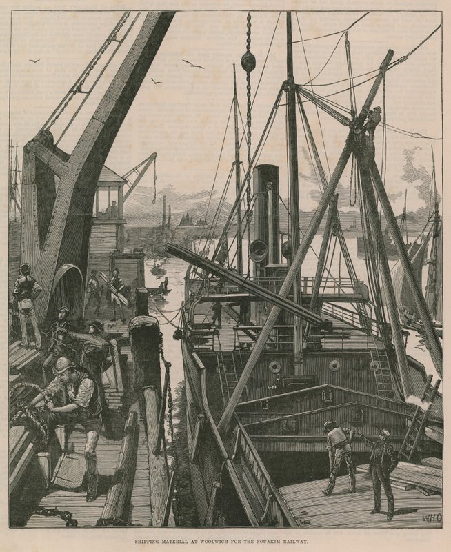 Materiaal laden in Woolwich voor de Souakim-spoorweg (gravure) door William Heysham Overend