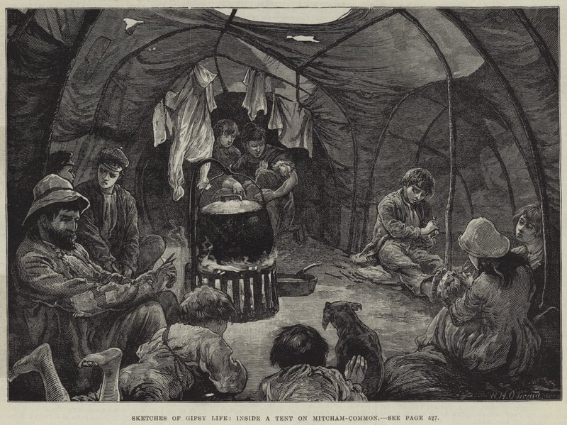 Schetsen van het zigeunerleven, binnen een tent op Mitcham-Common door William Heysham Overend