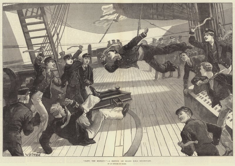 Sling de aap! Een schets aan boord van HMS Inconstant door William Heysham Overend