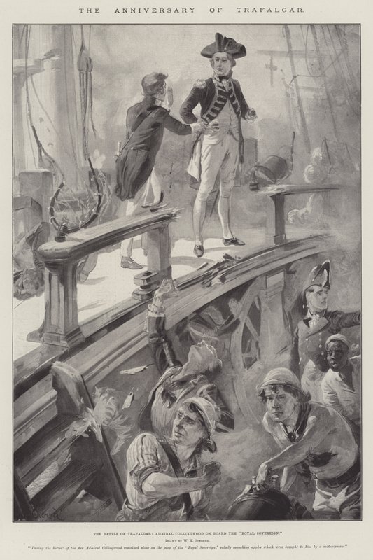 De verjaardag van Trafalgar, de slag bij Trafalgar, admiraal Collingwood aan boord van de Royal Sovereign door William Heysham Overend