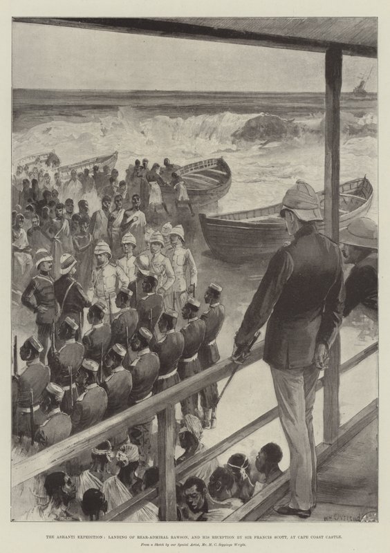 De Ashanti Expeditie, landing van Viceadmiraal Rawson, en zijn Ontvangst door Sir Francis Scott, bij Cape Coast Castle door William Heysham Overend