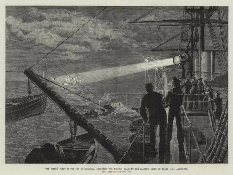 De Britse Vloot in de Zee van Marmara, op zoek naar Torpedoboten met het Elektrische Licht aan Boord van HMS Agincourt door William Heysham Overend