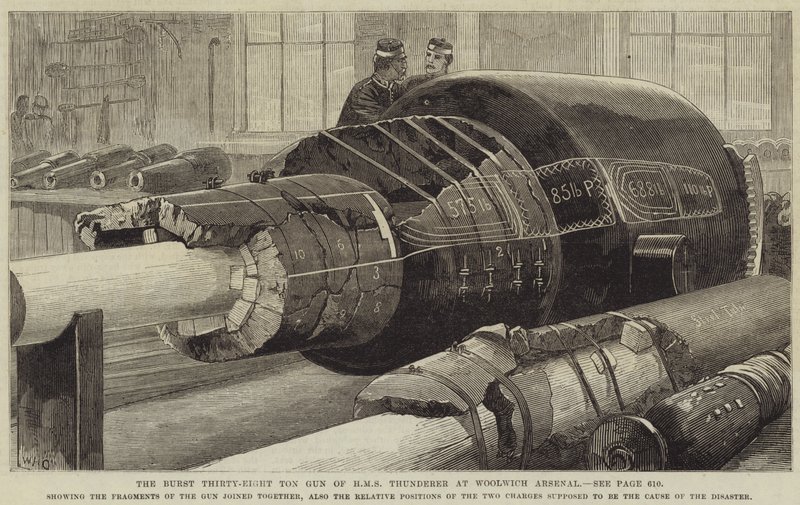 Het Gebarsten Achtendertig Ton Kanon van HMS Thunderer bij Woolwich Arsenal door William Heysham Overend