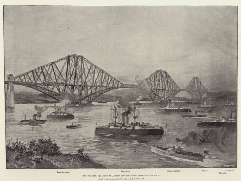 Het Kanaalsquadron voor Anker bij de Forth Bridge, 2 september door William Heysham Overend