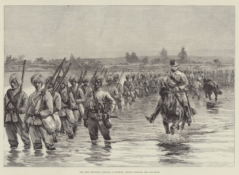 De Chin Grenscampagne in Birma, Troepen steken de Yaw-rivier over door William Heysham Overend