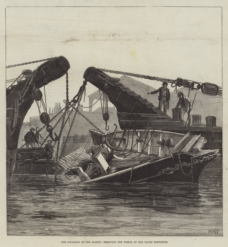 De botsing in de Solent, het verwijderen van het wrak van het jacht Mistletoe door William Heysham Overend