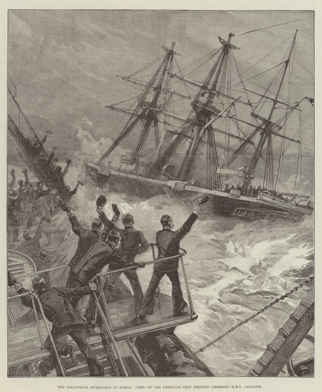 De rampzalige orkaan in Samoa, bemanning van het Amerikaanse schip Trenton juicht HMS Calliope toe door William Heysham Overend