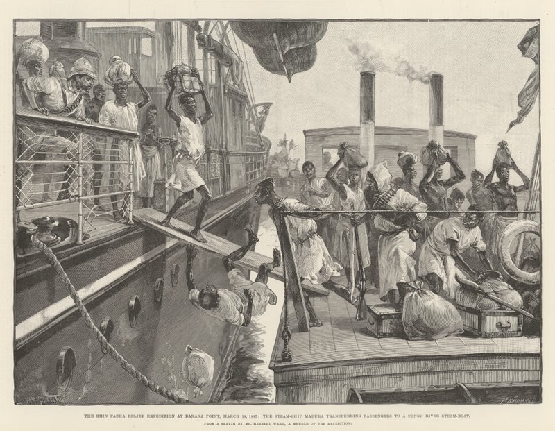 De Emin Pasha Relief Expedition bij Banana Point, 18 maart 1887, de stoomboot Madura brengt passagiers over naar een Congo-rivierstoomboot door William Heysham Overend