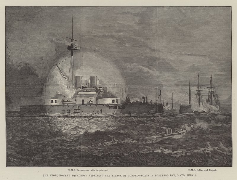 Het evolutionaire eskader, het afslaan van de aanval door torpedoboten in Blacksod Bay, Mayo, 7 juli door William Heysham Overend