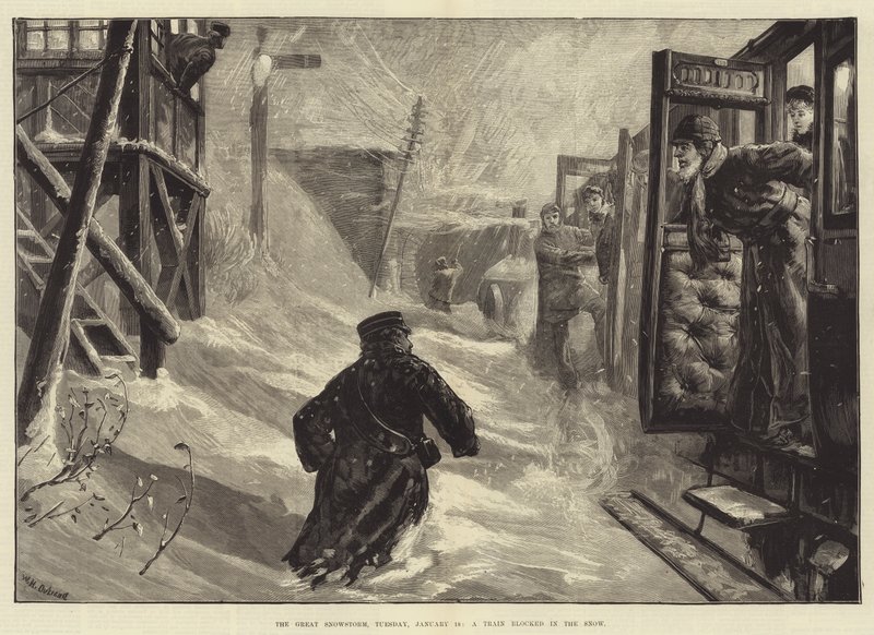 De grote sneeuwstorm, dinsdag 18 januari, een trein geblokkeerd in de sneeuw door William Heysham Overend