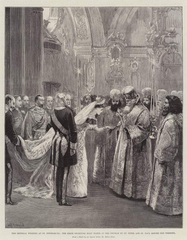 Het keizerlijke huwelijk in Sint-Petersburg, de bruid ontvangt heilig water in de kerk van Sint-Pieter en Sint-Paulus voor het huwelijk door William Heysham Overend