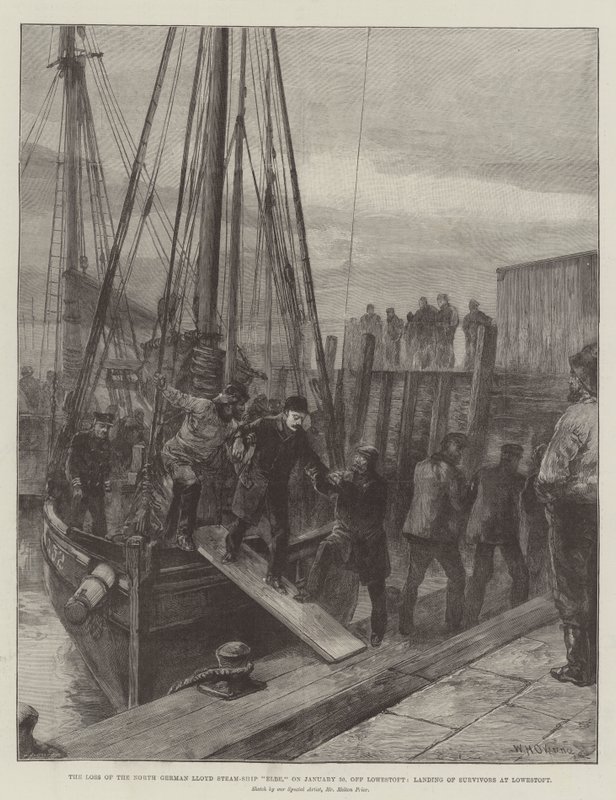 Het verlies van het Noord-Duitse Lloyd stoomschip Elbe, op 30 januari, bij Lowestoft, landing van overlevenden in Lowestoft door William Heysham Overend