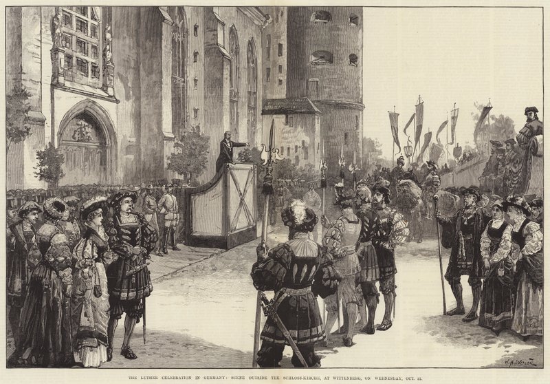 De Luther viering in Duitsland, scène buiten de Schloss-Kirche, in Wittenberg, op woensdag 31 oktober door William Heysham Overend