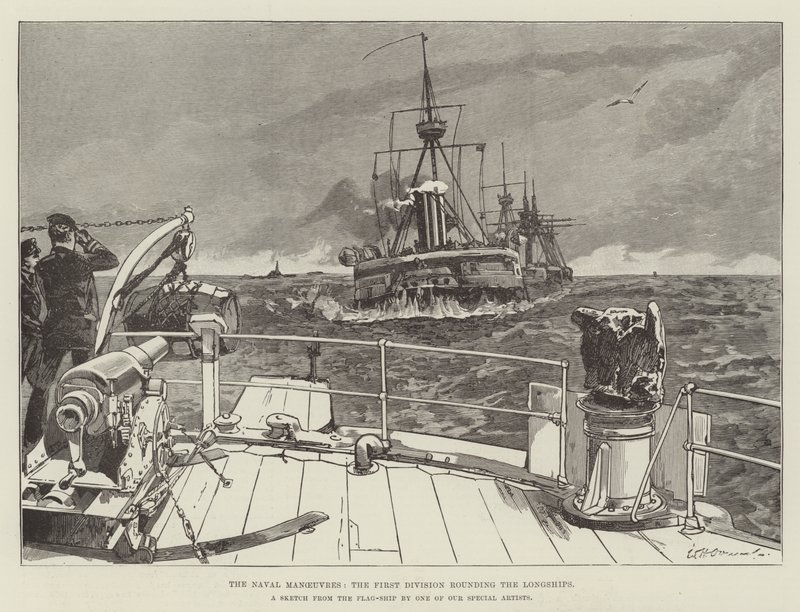 De marine-oefeningen, de eerste divisie rondt de Longships door William Heysham Overend