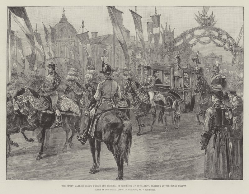 De pasgetrouwde kroonprins en prinses van Roemenië in Boekarest, aankomst bij het Koninklijk Paleis door William Heysham Overend