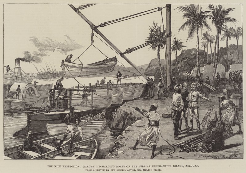 De Nijl Expeditie, schuiten lossen boten op de Nijl bij Elephantine Island, Assouan door William Heysham Overend