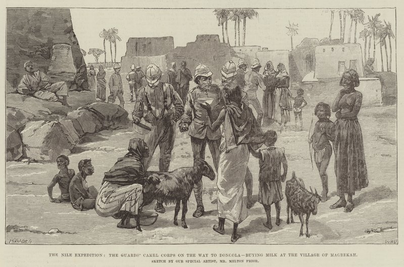 De Nijl Expeditie, de Kameelkorps van de Wachten op Weg naar Dongola, melk kopen in het Dorp Magrekah door William Heysham Overend