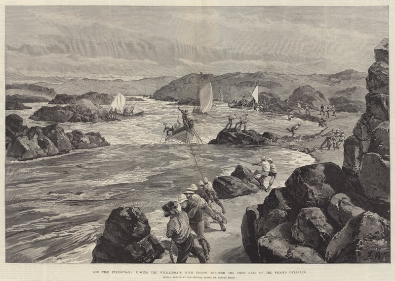 De Nijl Expeditie, het slepen van de Walvisboten met troepen door de Eerste Poort van de Tweede Cataract door William Heysham Overend