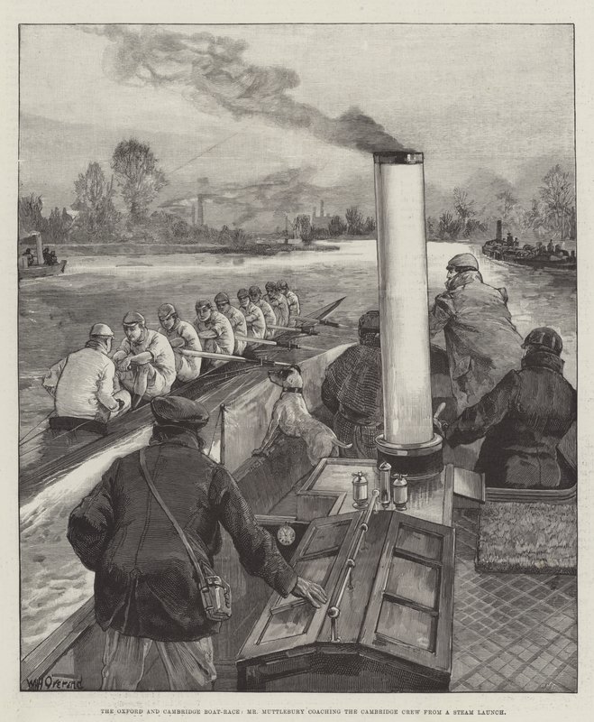 De Oxford en Cambridge Bootrace, Mr Muttlebury coacht de Cambridge Crew vanaf een stoomboot door William Heysham Overend