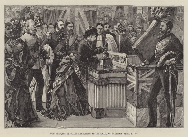De Prinses van Wales doopt een gepantserd schip, in Chatham, 7 april 1875 door William Heysham Overend