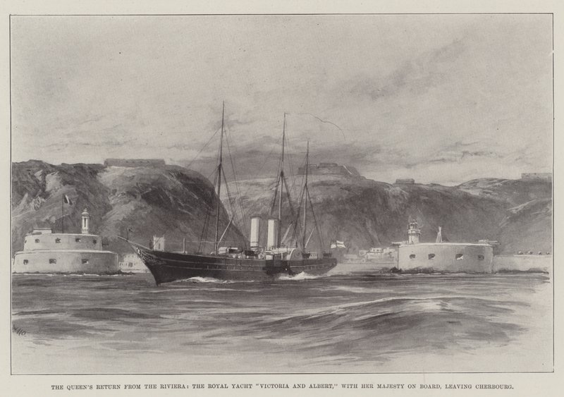 De terugkeer van de koningin van de Rivièra, het koninklijk jacht Victoria en Albert, met Hare Majesteit aan boord, vertrekkend uit Cherbourg door William Heysham Overend