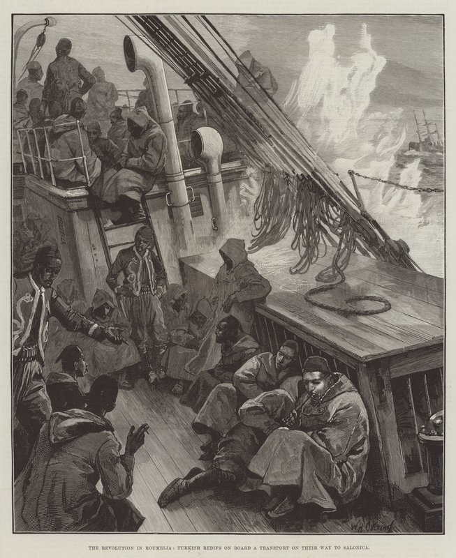 De Revolutie in Roemelië, Turkse Redifs aan Boord van een Transport op Weg naar Salonica door William Heysham Overend