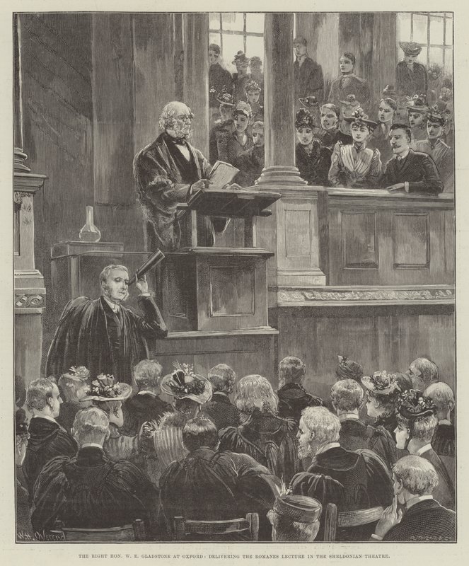 De zeer eerbiedwaardige W E Gladstone in Oxford, geeft de Romanes-lezing in het Sheldonian Theatre door William Heysham Overend