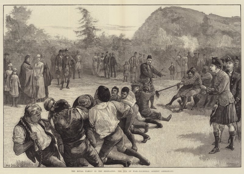 De Koninklijke Familie in de Hooglanden, het Touwtrekken-Balmoral tegen Abergeldie door William Heysham Overend