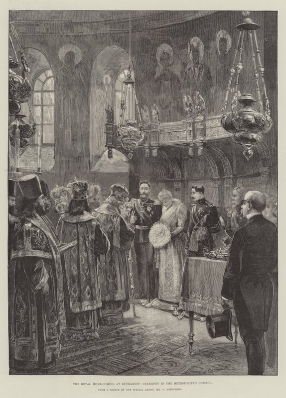 De koninklijke thuiskomst in Boekarest, ceremonie in de Metropolitane Kerk door William Heysham Overend