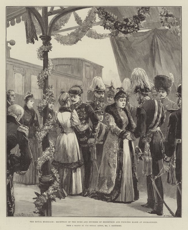 Het koninklijk huwelijk, ontvangst van de hertog en hertogin van Edinburgh en prinses Marie in Sigmaringen door William Heysham Overend
