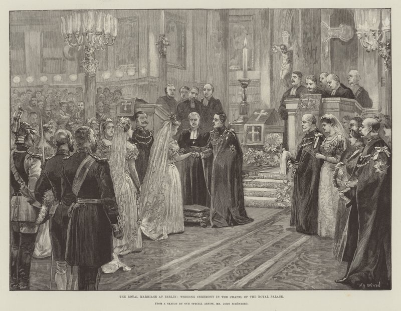 Het koninklijk huwelijk in Berlijn, huwelijksceremonie in de kapel van het koninklijk paleis door William Heysham Overend