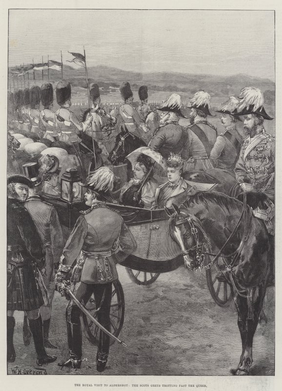 Het Koninklijk Bezoek aan Aldershot, de Scots Greys draven langs de Koningin door William Heysham Overend