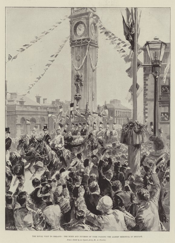 Het koninklijk bezoek aan Ierland, de hertog en hertogin van York passeren het Albert Memorial in Belfast door William Heysham Overend