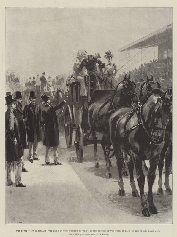 Het koninklijk bezoek aan Ierland, de hertog van York presenteert zwepen aan de bestuurders van de vierspannen op de Dublin Horse Show door William Heysham Overend