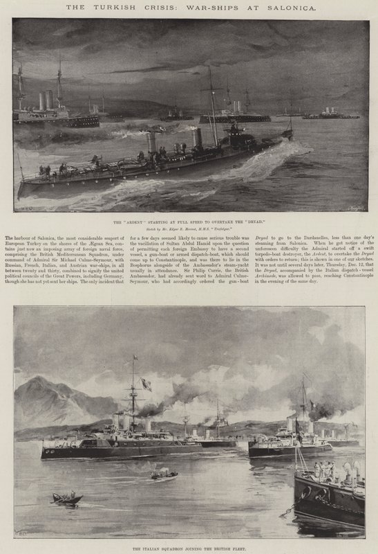 De Turkse crisis, oorlogsschepen in Salonica door William Heysham Overend
