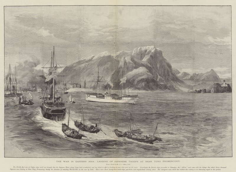 De oorlog in Oost-Azië, landing van Japanse troepen bij Shan Tung Promontory door William Heysham Overend
