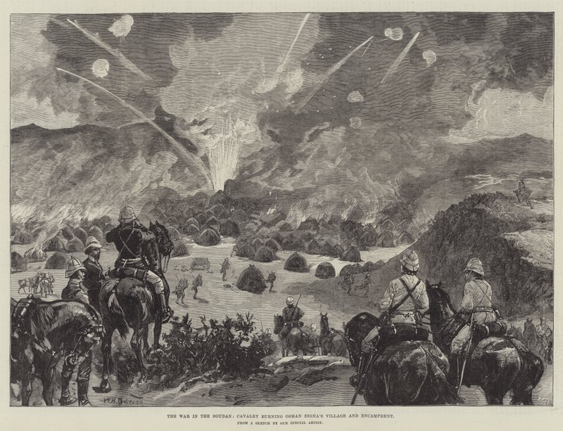 De Oorlog in de Soedan, Cavalerie verbrandt het dorp en kampement van Osman Digna door William Heysham Overend