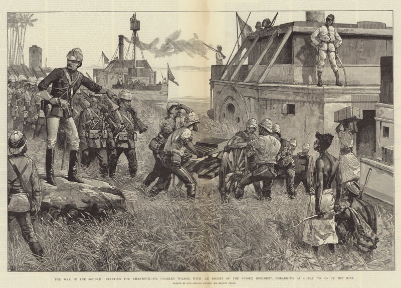 De oorlog in Soedan, vertrek naar Khartoum, Sir Charles Wilson met een escorte van het Sussex Regiment, inscheping bij Gubat, om de Nijl op te gaan door William Heysham Overend