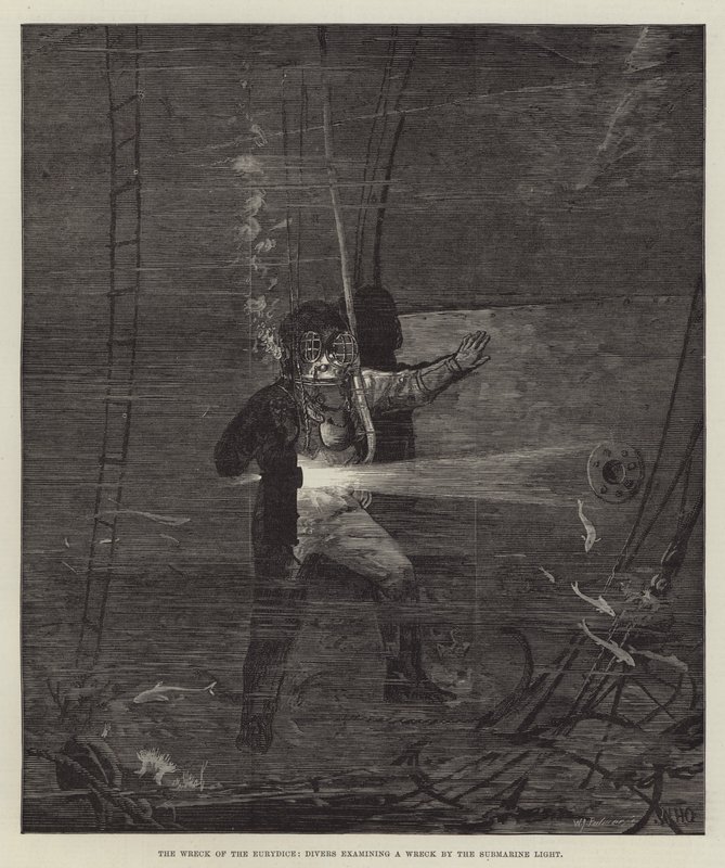 Het Wrak van de Eurydice, Duikers onderzoeken een Wrak door het Onderwaterlicht door William Heysham Overend