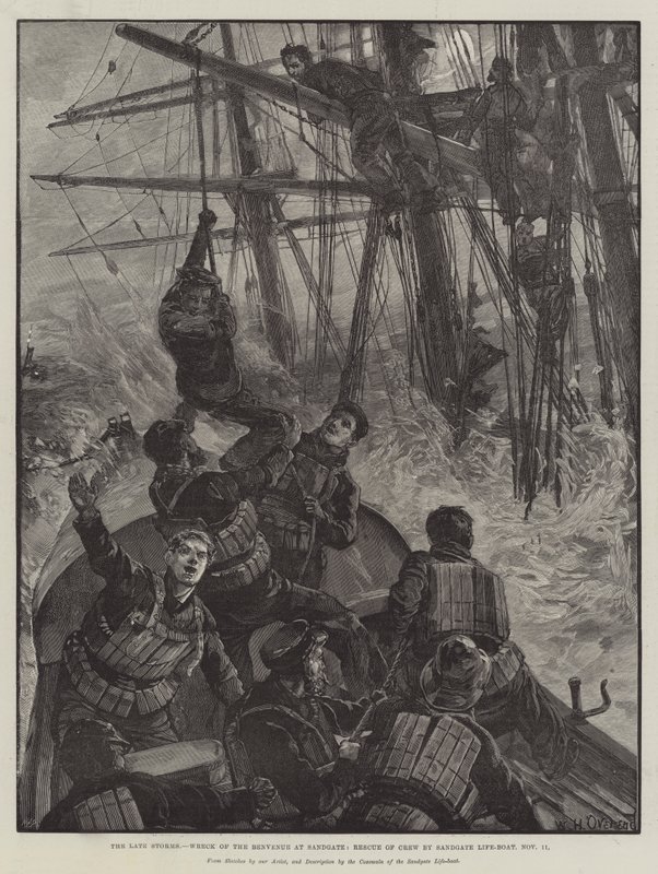 De recente Stormen, Wrak van de Benvenue bij Sandgate, Redding van de Bemanning door de Sandgate Reddingsboot, 11 november door William Heysham Overend