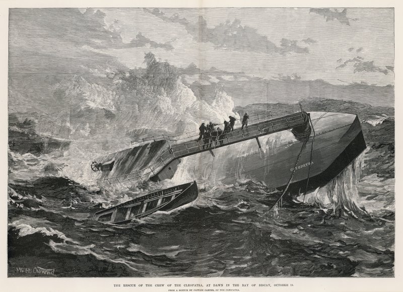 De redding van de bemanning van de Cleopatra, bij zonsopgang in de Golf van Biskaje door William Heysham Overend