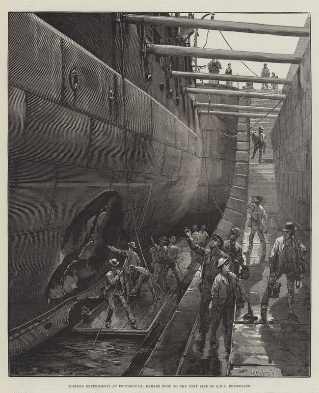 Torpedo-experimenten in Portsmouth, schade aan de bakboordzijde van HMS Resistance door William Heysham Overend