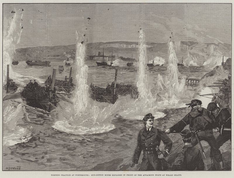 Torpedo-oefening in Portsmouth, katoenmijnen ontploft voor de aanvallende boten bij Whale Island door William Heysham Overend