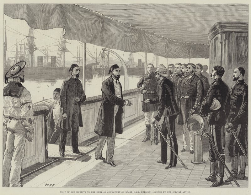 Bezoek van de Khedive aan de Hertog van Connaught aan boord van HMS Helicon door William Heysham Overend