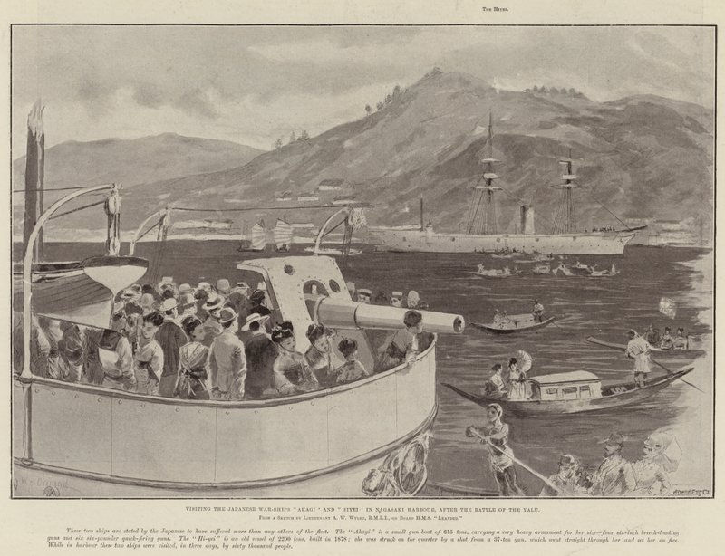 Bezoek aan de Japanse oorlogsschepen Akagi en Hiyei in de haven van Nagasaki, na de Slag bij de Yalu door William Heysham Overend